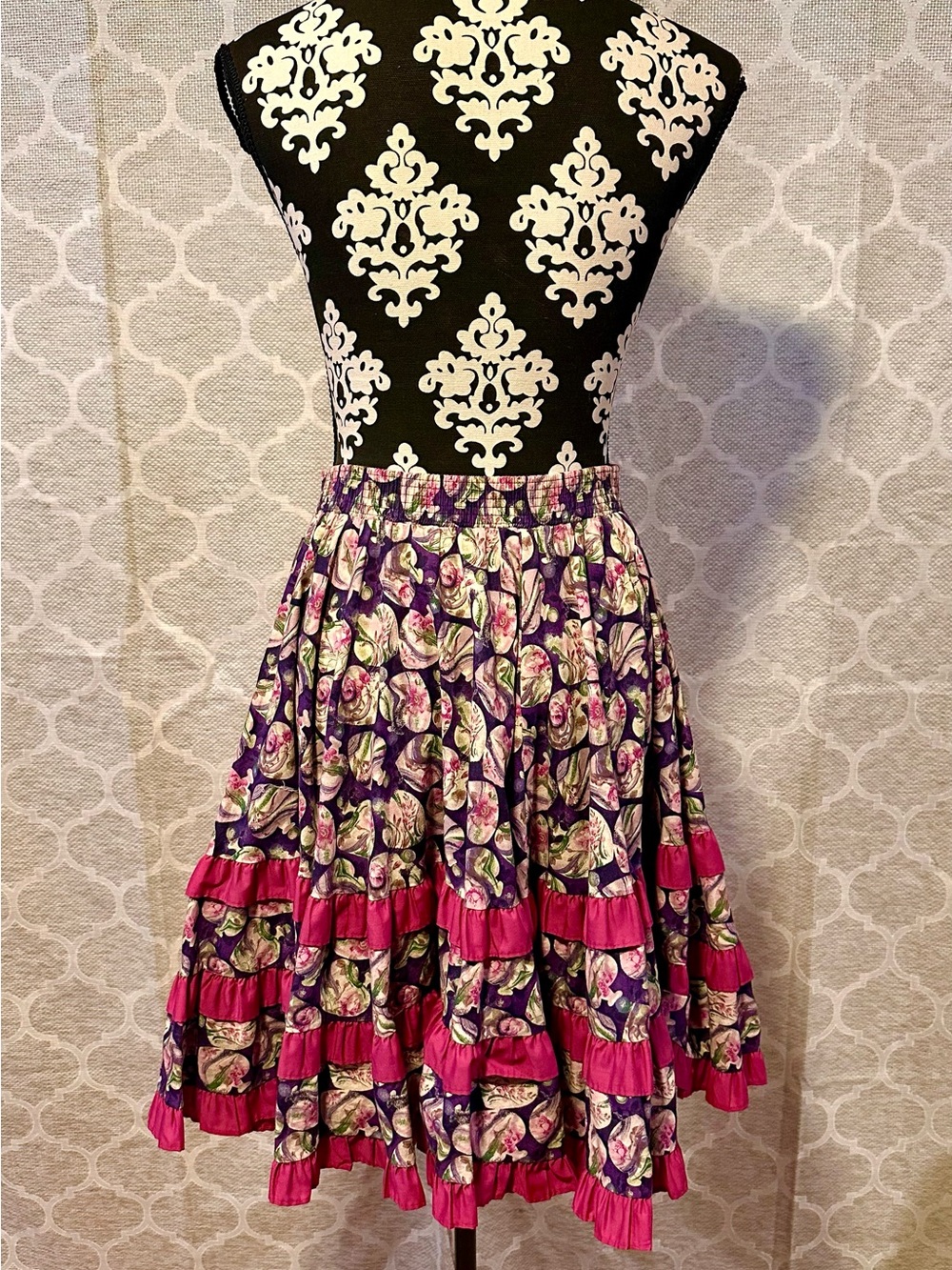 Vtg Malco Modes Purple/Pink Rose Ruffle Western/Square Dance Skirt w/scarf szM